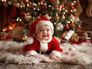 A high-resolution photograph of a baby wearing a Santa Claus outfit, sitting in front of a beautifully decorated Christmas tree.