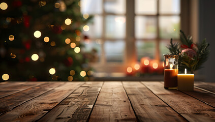 Empty wooden table top with blurred background of window, Christmas tree and candles in the room