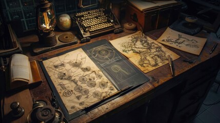 A desk with a typewriter, a book, and a piece of paper with a drawing of a map