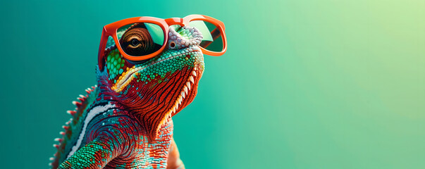 Colorful chameleon wearing sunglasses against emerald green background symbolizing advertising fashion beauty products