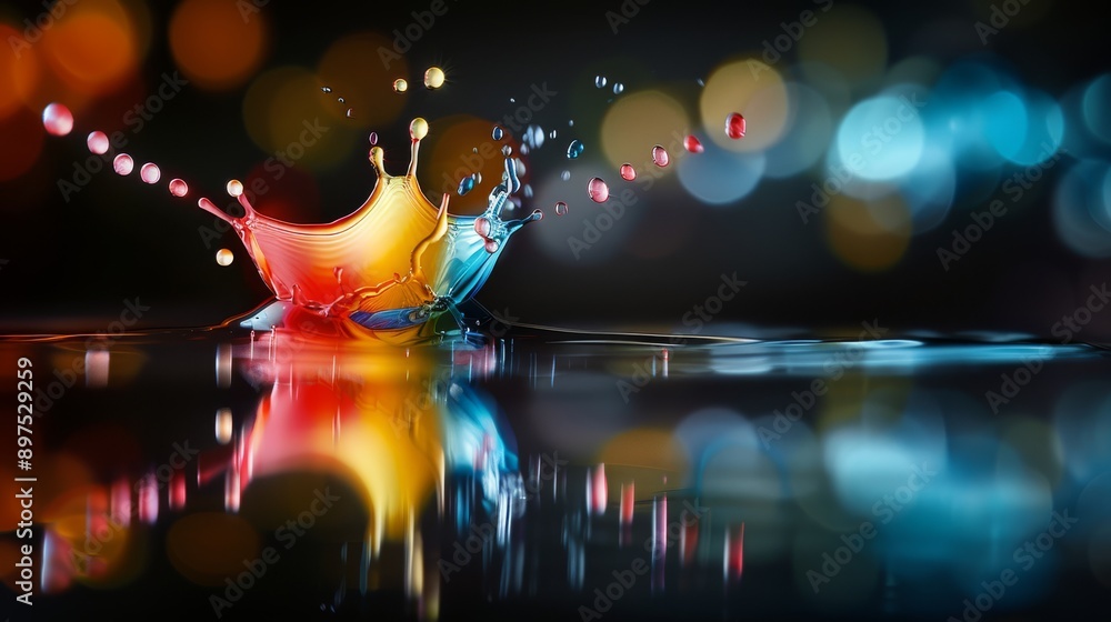 Poster dynamic photo of a water droplet creating a colorful splash with bokeh light effects in the backgrou