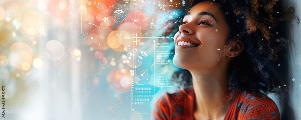 Poster smiling woman with futuristic technology elements and bokeh lights in background