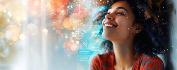 Smiling woman with futuristic technology elements and bokeh lights in background