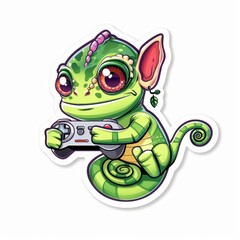 Obraz premium Adorable cartoon chameleon playing video games with controller, vibrant colors and charming design on white background