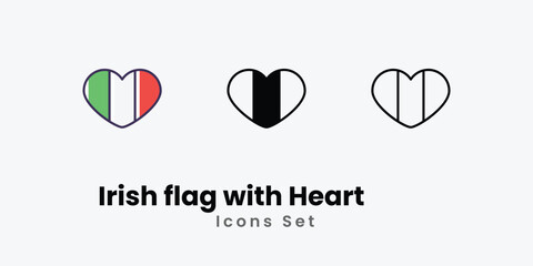 Irish flag with Heart Icons thin line and glyph vector icon stock illustration