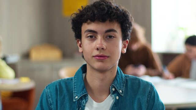 Portrait indoors calm pensive thinking serious Caucasian pupil teen boy teenager student guy teenage man male schoolboy looking at camera in class lesson classroom education study school university