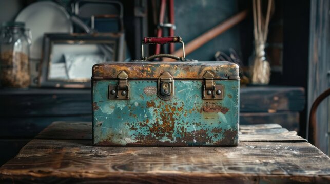 A blue, rusted metal box sits on a wooden table
