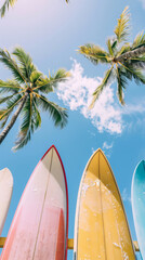 Surfboards and palm trees against blue sky, tropical vacation concept