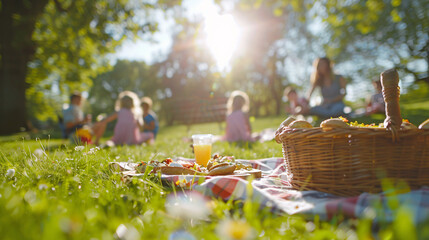 A family enjoying a picnic in a sunny park, with a spread of food and children playing in the background, UHD 