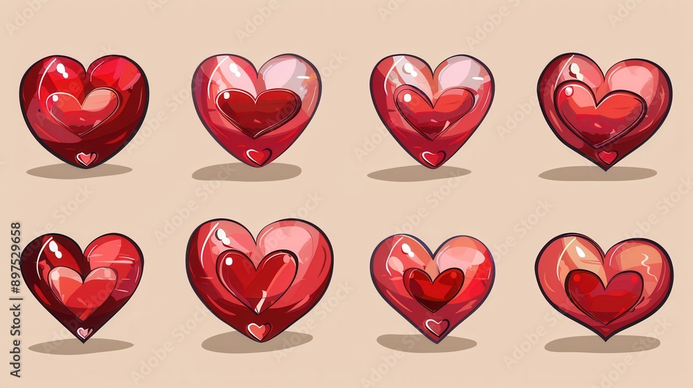 Poster A set of eight red hearts in different poses, with a light brown background. Generative AI