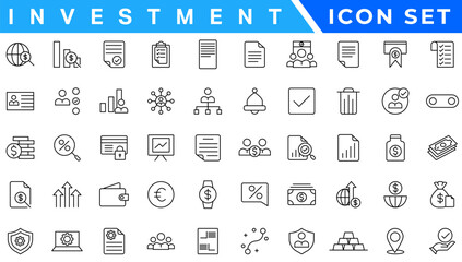 Investment icons in line design. Accounting, analytics, finance, business, money, financial, audit, tax, budget, capital isolated on white background vector. Accounting editable stroke icons.
