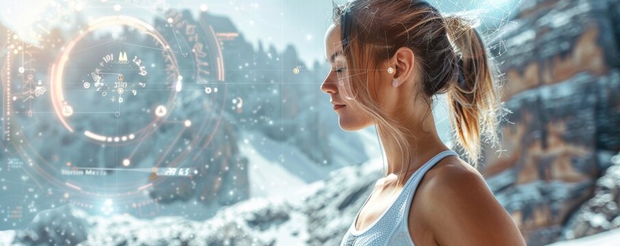 Young woman in winter landscape with futuristic virtual interface, concept of fitness and mindfulness