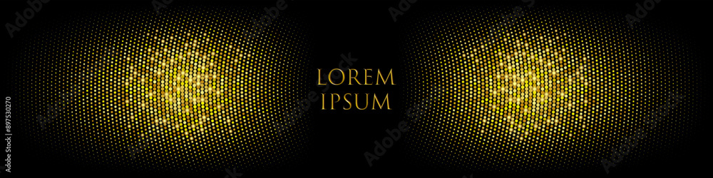 Poster black banner with golden color halftone dots with copyspace in center.