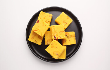 Khoya Kesar Burfi Or Saffron Khoa Barfi Is Milk Based Sweet Made Of Khowa, Condensed Milk, Malai, Mawa. Enjoyed On Holi, Diwali, Rakshabandhan,
 
