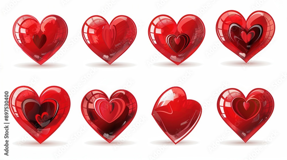 Aufkleber Eight red heart illustrations, each with a unique style and pose, arranged in two rows of four. Generative AI