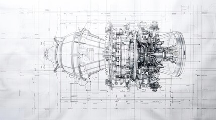 A detailed pencil sketch of an airplane engine, with intricate drawings of its inner workings, is overlaid on a gridded background
