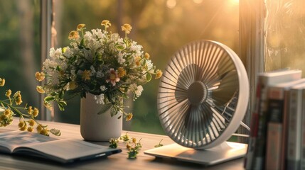 A white fan sits on a table next to a vase of flowers