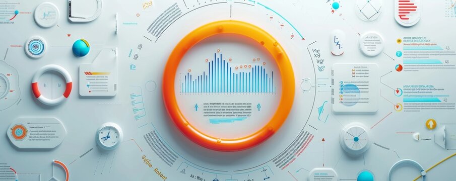 High-resolution advertising poster featuring data visualization and infographics with modern circular and bar chart elements