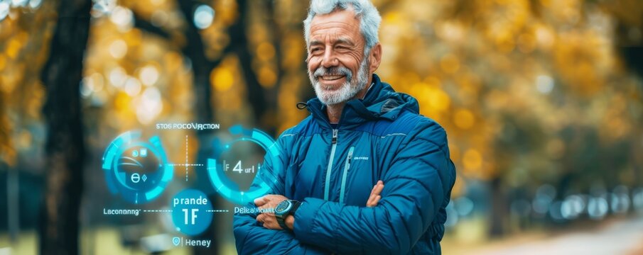 Senior man smiling in park wearing a blue jacket with futuristic health data overlay - Powered by Adobe