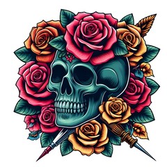 
Skull with Rose Vector Design: on White Background