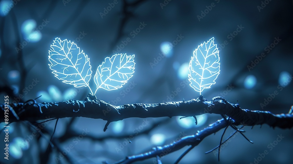 Poster a few leaves resting atop a clear tree limb against a hazy backdrop