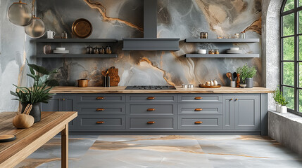 Front view of an elegant interior with gray drawers beneath the kitchen cabinets. The room features an empty wooden table and a marble countertop, equipped with modern cooking appliances. It is a well