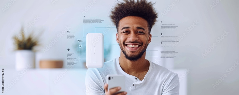 Poster smiling man using smartphone at home with innovative technology and network device