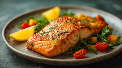 Steam salmon and vegetables, suitable for Paleo, keto,  are served on a white plate. The dish is displayed on an old rustic wooden table, viewed from the side and formatted as a long banner.