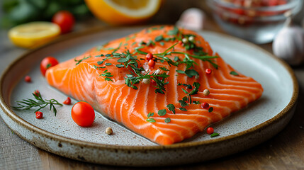 Steam salmon and vegetables, suitable for Paleo, keto,  are served on a white plate. The dish is displayed on an old rustic wooden table, viewed from the side and formatted as a long banner.
