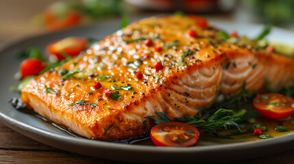 Steam salmon and vegetables, suitable for Paleo, keto,  are served on a white plate. The dish is displayed on an old rustic wooden table, viewed from the side and formatted as a long banner.
