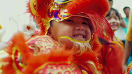 Fototapeta premium Child smiling in lion dance costume during a festival.