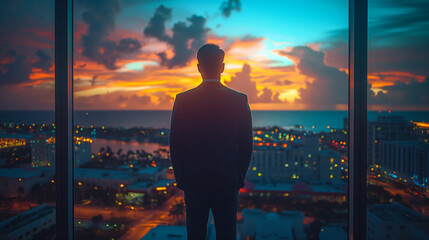 successful caucasin business man silhouette overlooking clearwater florida from a tall building window at dusk