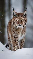 Naklejka premium A majestic Eurasian Lynx, its fur a symphony of tan and charcoal, effortlessly prowls through a snowy landscape
