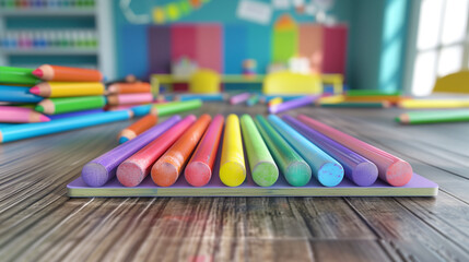 Close-Up of Colorful Pencils Arranged on Classroom Desk with Vibrant Background, Highlighting Creative Learning Environment and Art Supplies in School Setting