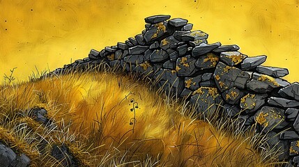   Rocks atop green hill with blue-grey sky