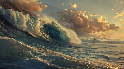 A lone surfer performing a maneuver on a large wave, with a tranquil beach setting and a few distant surfers in the background, captured in UHD 