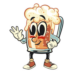 beer cartoon character retro vector design greet by waving your hand, work of hand drawn