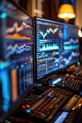 a?'imagine: Busy trading environment featuring a detailed graph of market movements, traders engaged with multiple monitors, and a vibrant display of financial metrics.