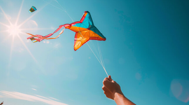 Close-up of a person&rsquo;s hand holding a kite string, with a brightly colored kite soaring high in the clear blue sky and a few people enjoying the scene in the background 