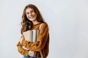 Portrait of happy young girl holding books over white background. Back to school