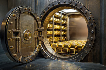 Fototapeta premium A large vault door is partially open, revealing a room filled with gold bars stacked on shelves and lying on the floor.