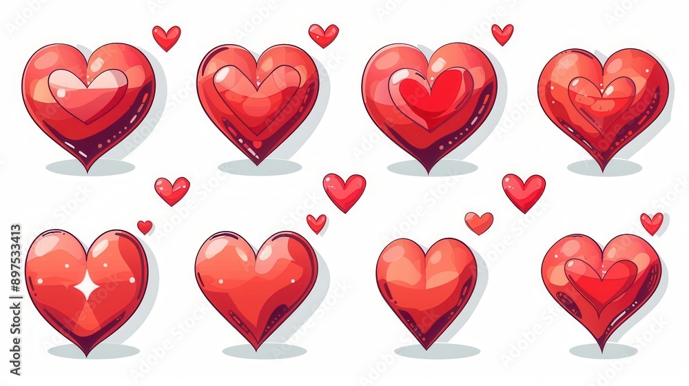 Aufkleber set of ten red hearts in different poses. each heart is illustrated in a unique style, featuring var