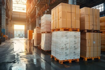 Packaging Boxes Stacked on Pallets Load with Shipping Cargo Container