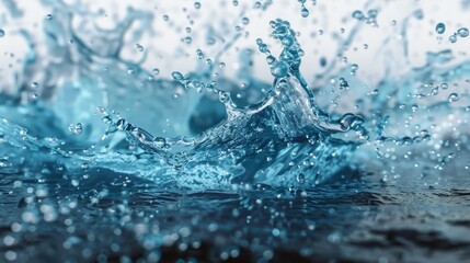 Close up of blue water splashes with bubbles on white background. Selective focus. Generative AI.