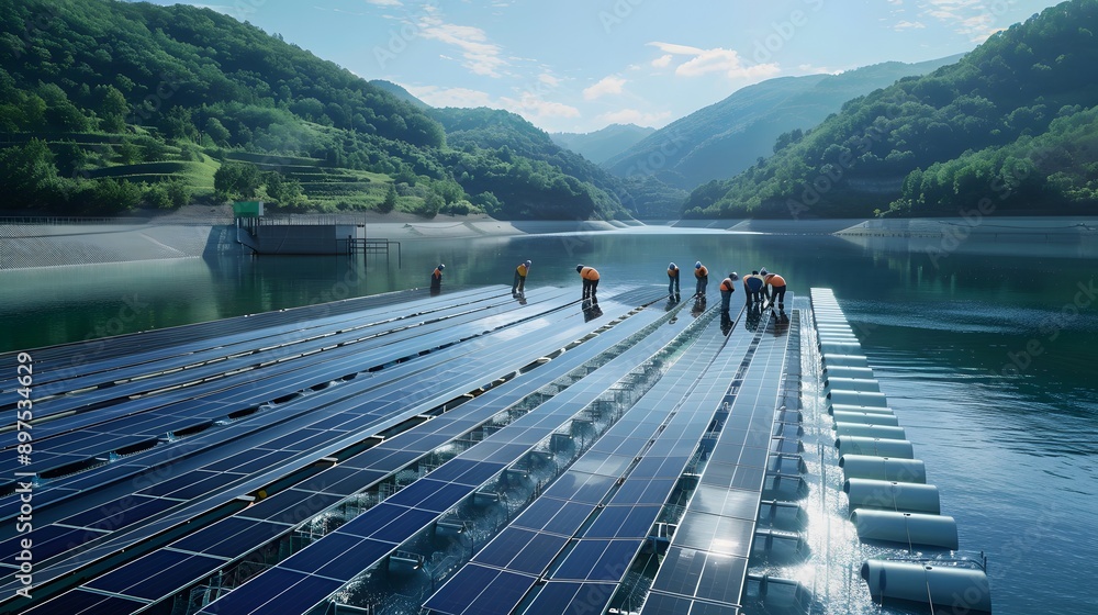 Poster a team of engineers installing a state-of-the-art floating solar farm, with innovative buoyant panel