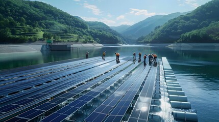 A team of engineers installing a state-of-the-art floating solar farm, with innovative buoyant panels carefully positioned on the water's surface within a dam, capturing sunlight to produce sustain