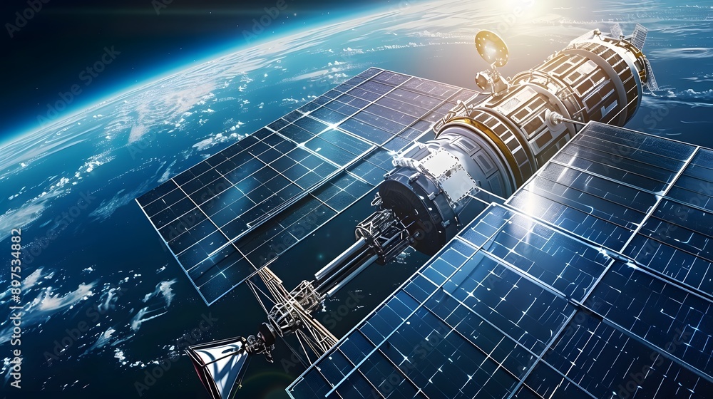 Poster solar panels meticulously installed on the exterior of a futuristic space station, harnessing the po