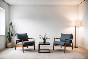 Modern living room interior with two armchairs and indoor plants, minimalist interior concept for stylish lifestyle