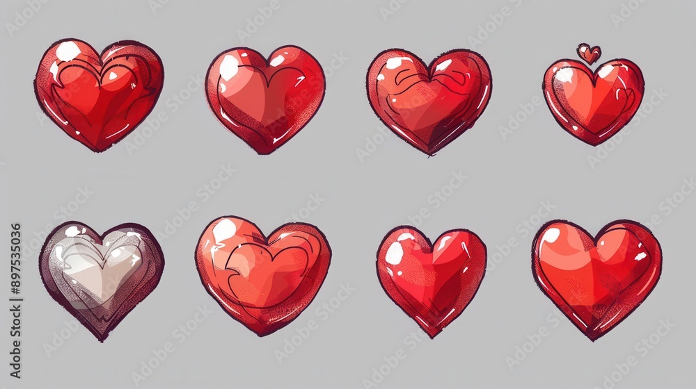 Aufkleber eight red hearts in different poses, each with a distinct style. some have outlines, others are fill