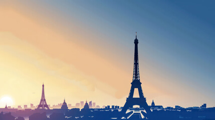 Minimalist banner for the Olympic Games in Paris 2024 with elegant illustration of the Olympic attributes and Eifel tower